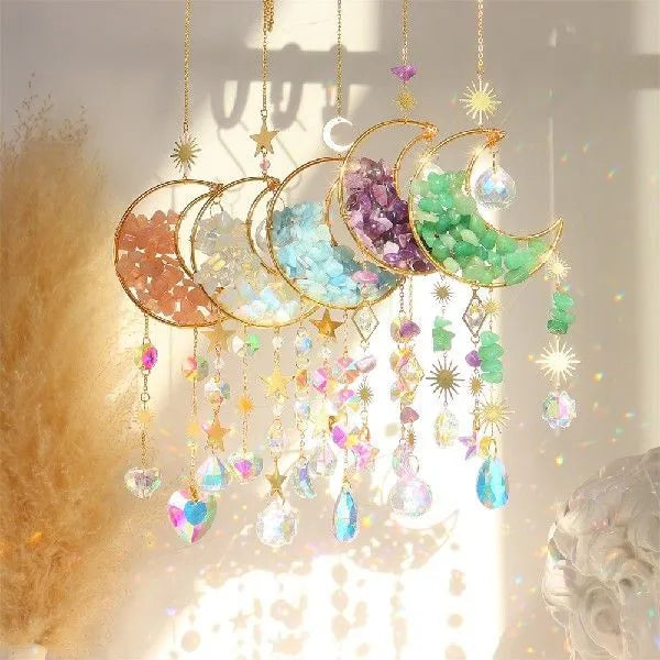 Crystal car pendant with moon design hanging from rear-view mirror