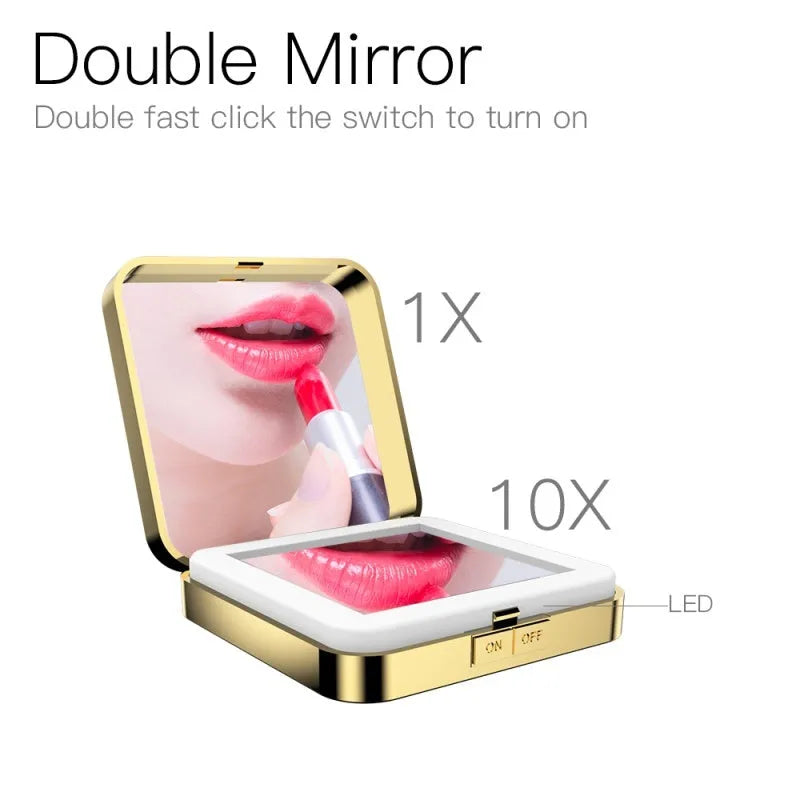 Black and white makeup mirror with LED lights around the edge, showing both the magnifying and standard mirror sides.