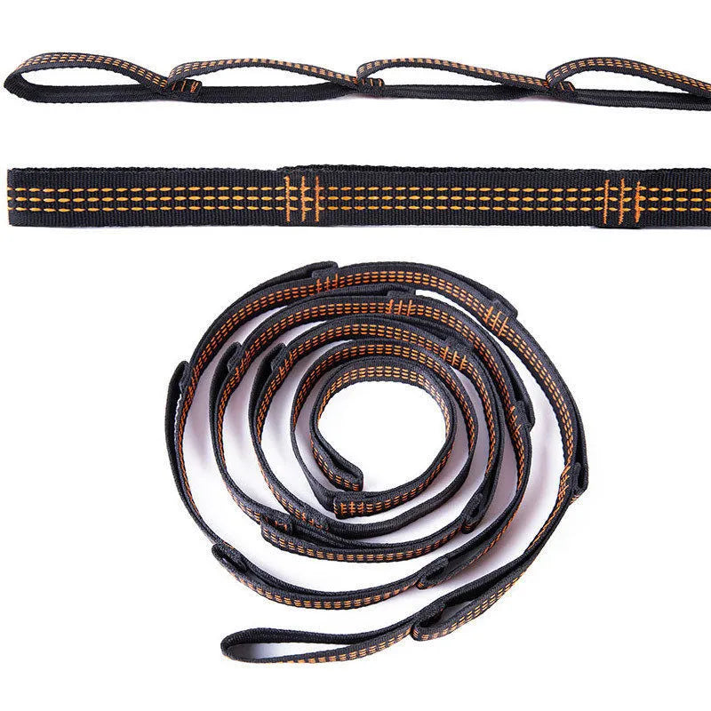 Two polyester hammock straps with six loops each, 1 m length, on a tree