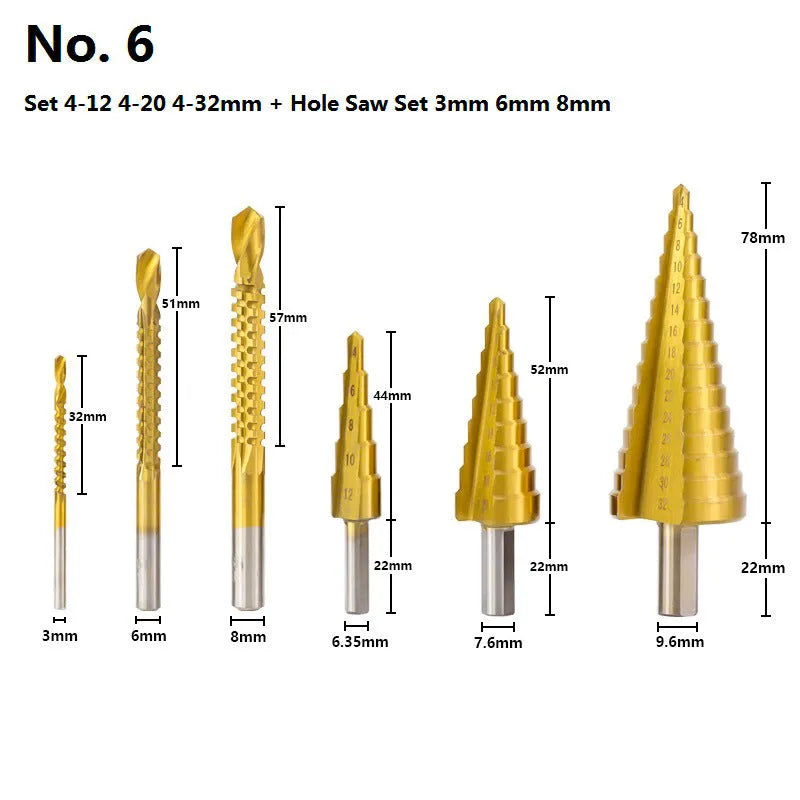 High speed steel step drill bit set with centre punch showing multiple hole sizes from 3mm to 32mm