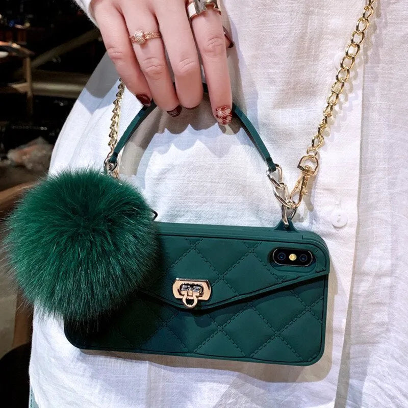 TPU iPhone mobile case with plush hairball grid texture in dark green, shown on a phone.