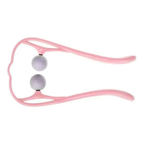 Plastic hand roller neck massager with 3D floating points in pink, blue, and green colour options.