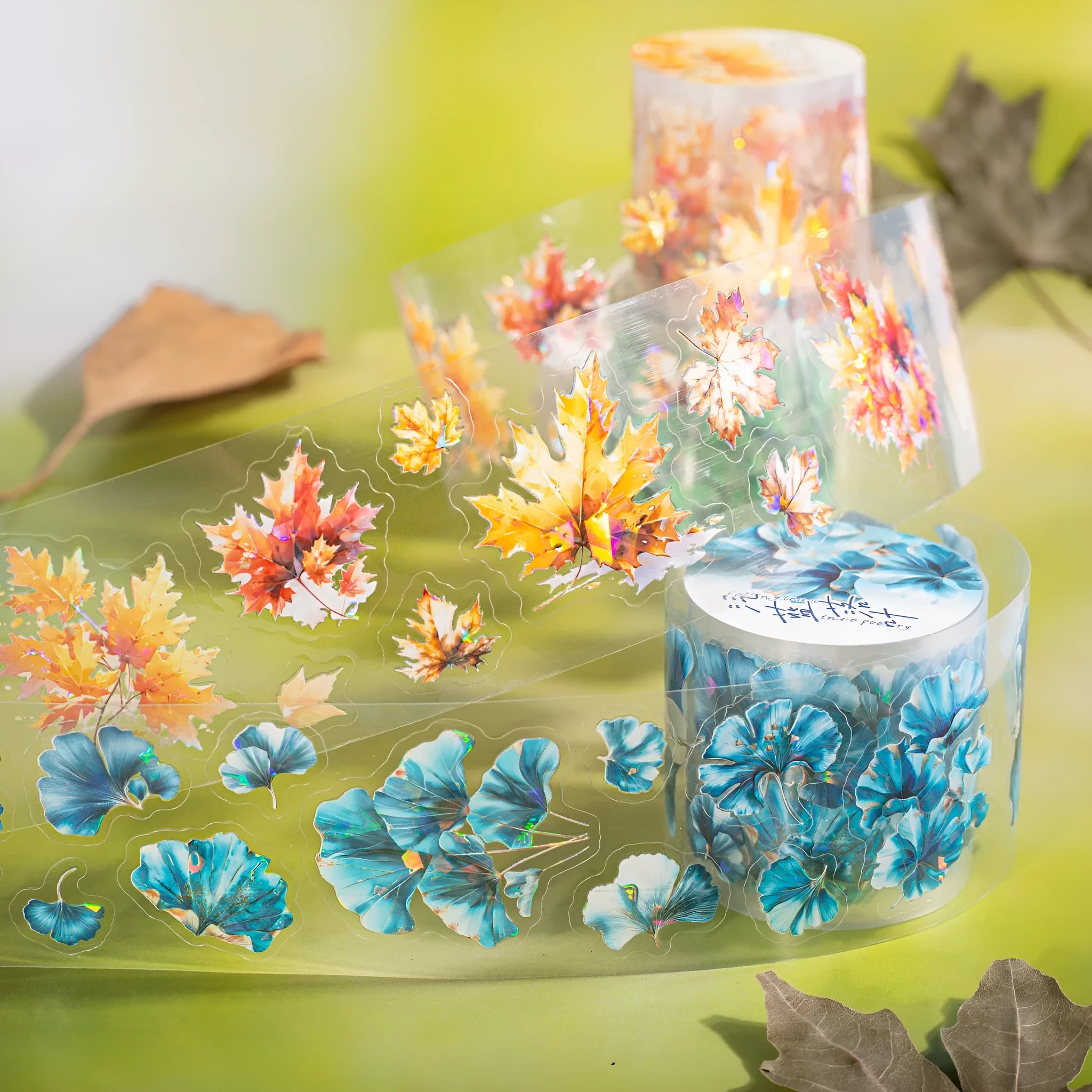 Deciduous Poetry Series PET decorative sticker roll showing six autumn leaf colour designs on 40mm wide material