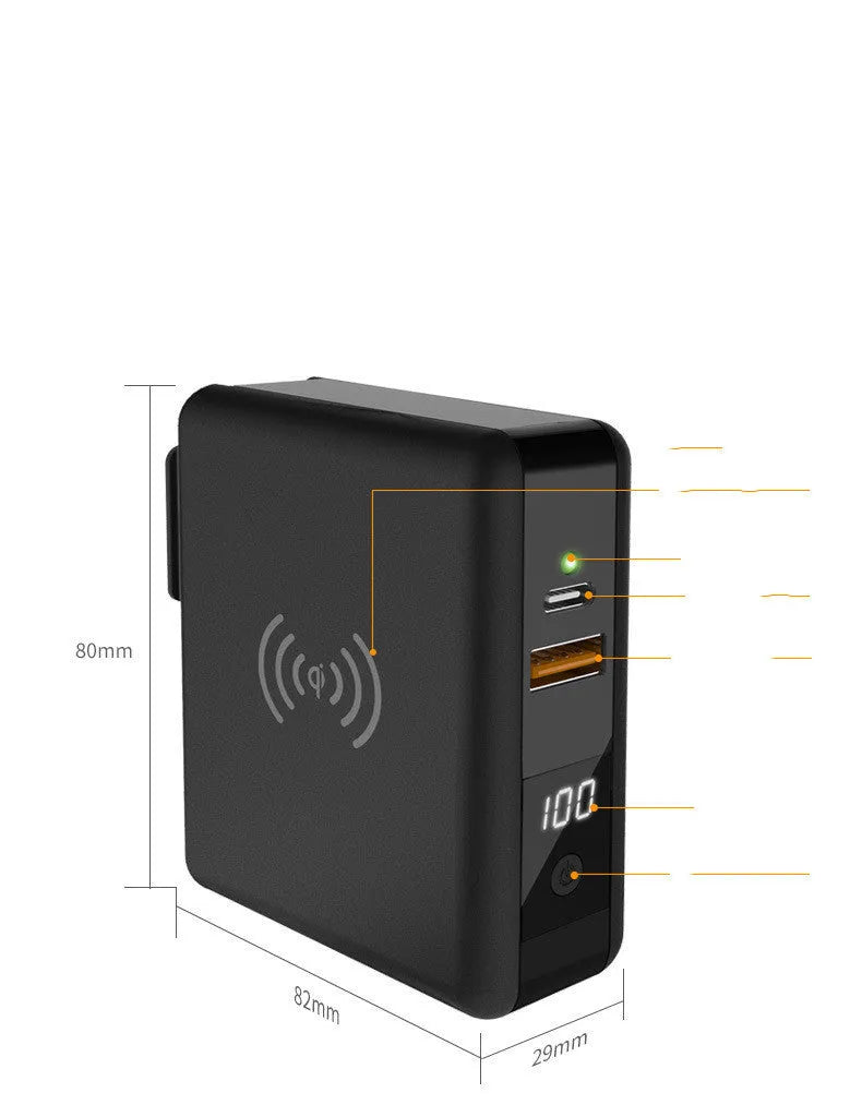 Black and white portable power bank with PD20W fast charging, wireless function, and built-in international plug adapters.