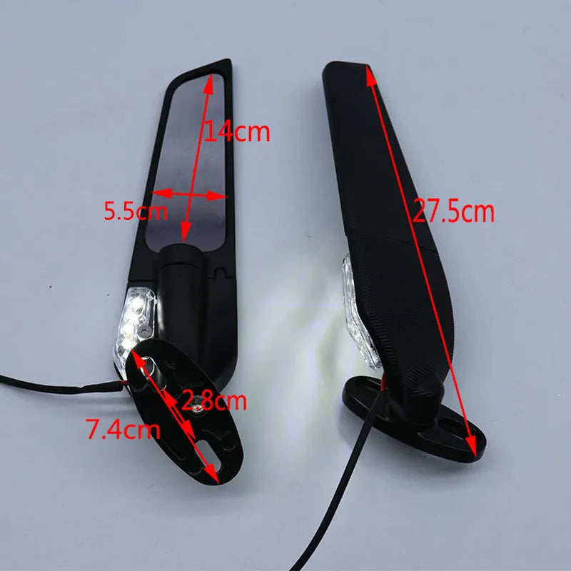 Pair of aluminium motorcycle spoiler rearview mirrors with convex glass lenses and integrated yellow running lights.