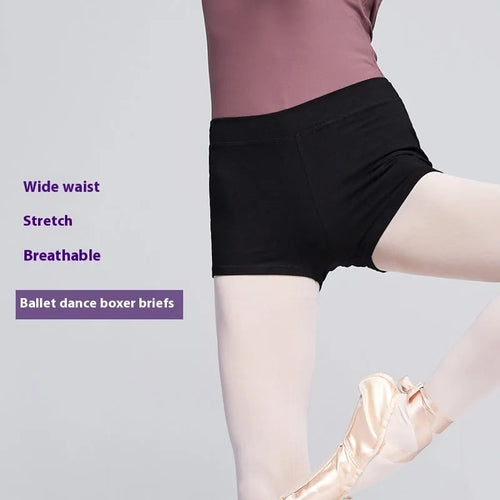 Black cotton women's dance shorts for ballet practice and fitness exercise.
