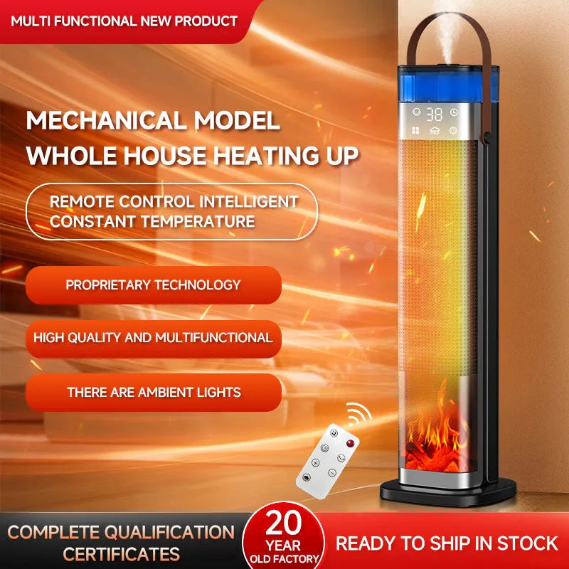 Tall vertical ceramic heater with remote control for humidifying function, 52.6cm height for 21-30m² rooms