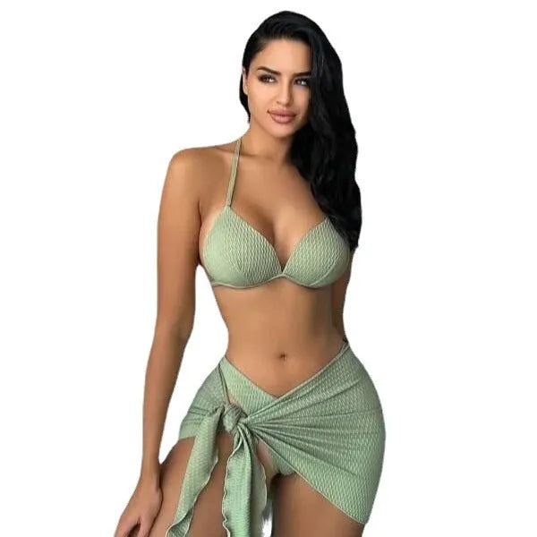 Women's sexy black three-piece swimsuit with a Russian split design on the briefs and a matching skirt