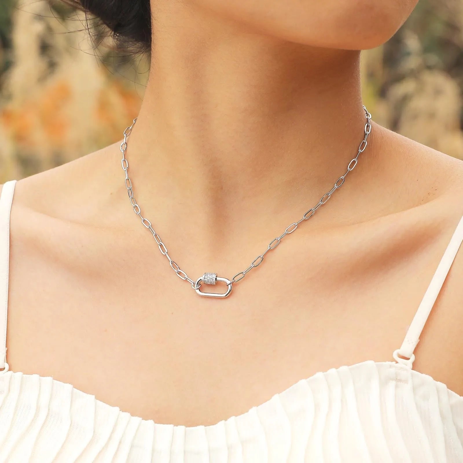Stainless steel small square chain zircon oval pendant necklace for women in gold colour