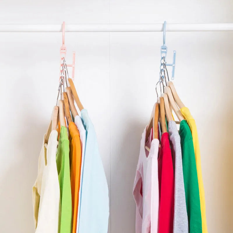Blue revolving wardrobe hanger with five hooks and a central white handle for easy rotation