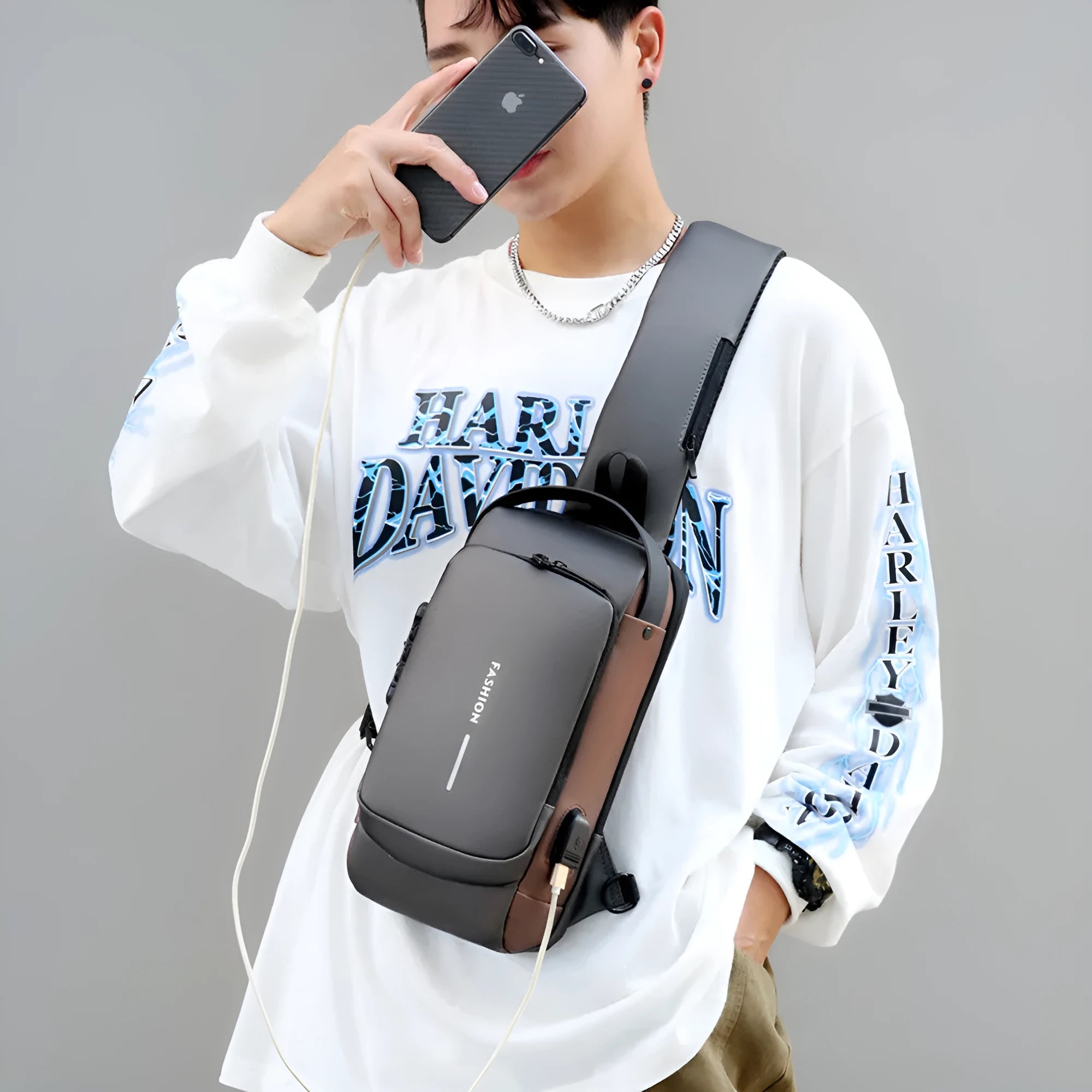 PU leather motorcycle chest bag in black with zipper and password lock