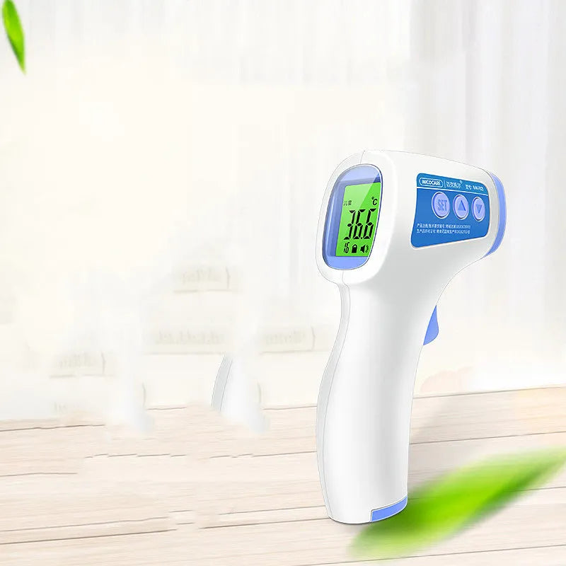White non-contact infrared forehead thermometer on a blue background with LCD screen