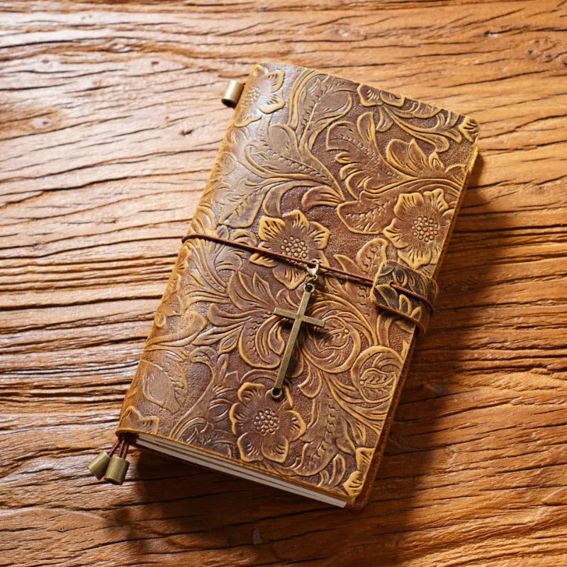 Creative vintage engraving cowhide travel notepad in black A5 size with genuine leather cover