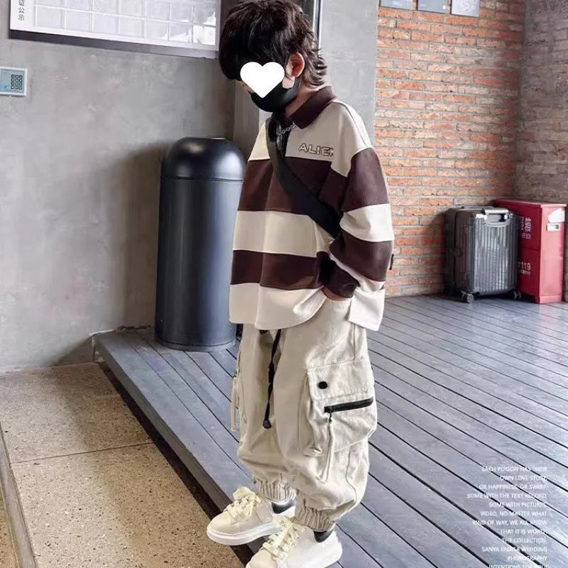 Children's cotton workwear pants in beige and black, mid waist, sizes 120cm to 170cm