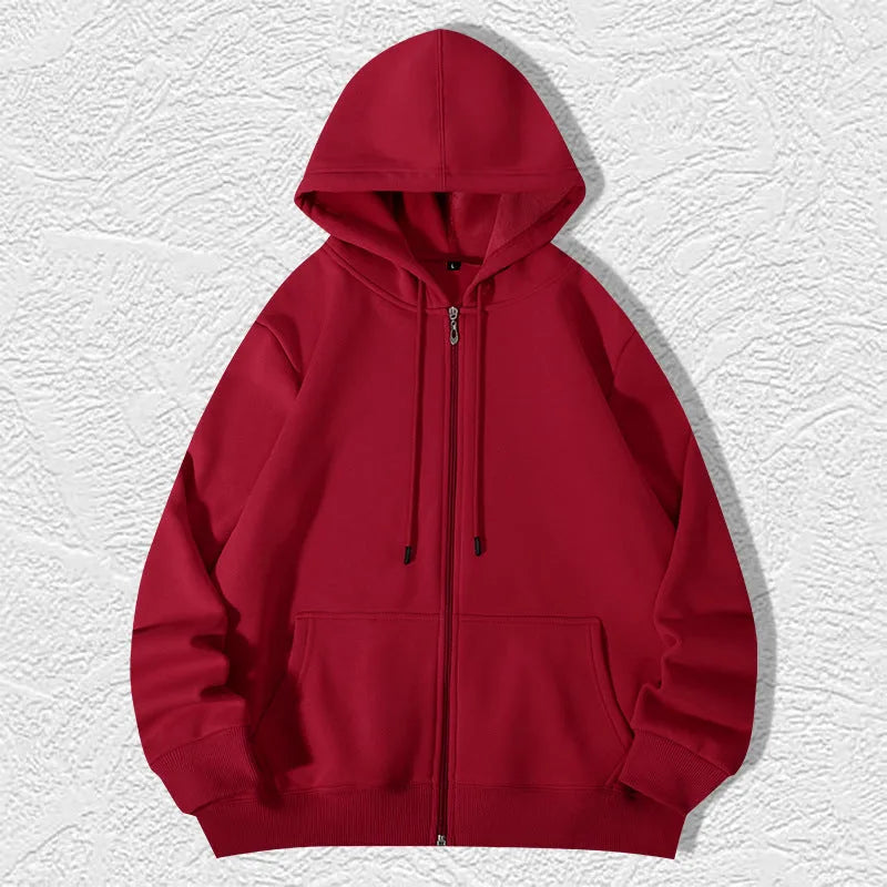 Men's plus size zipper hooded sweater in charcoal grey, showing front zipper and top stitching pockets