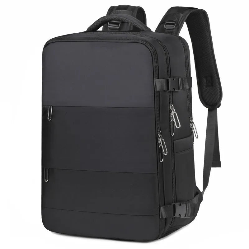 Large purple waterproof travel backpack for women with multiple compartments and an air pillow belt strap.