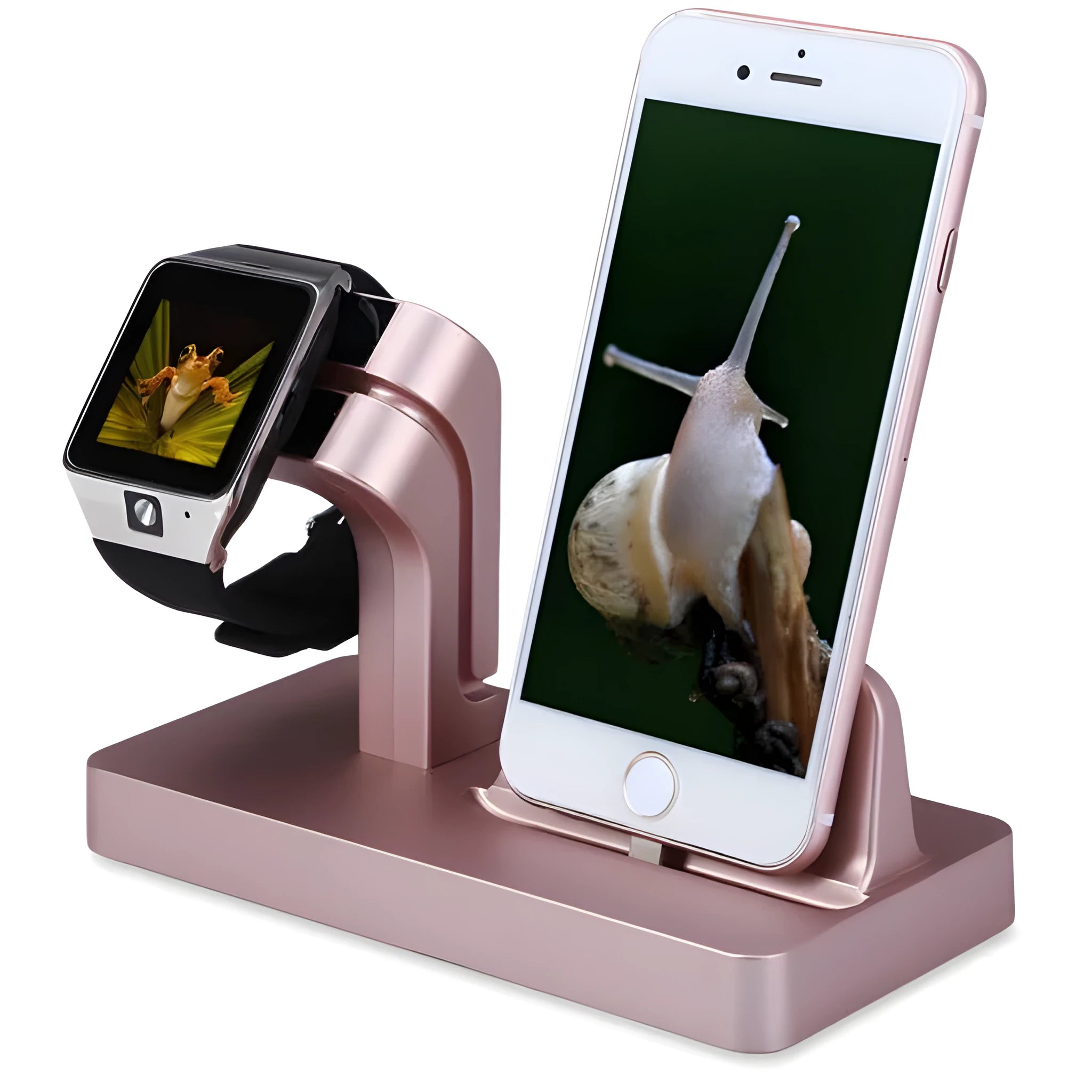 White 2-in-1 charging dock station holding an iPhone and an Apple Watch upright on a desk.