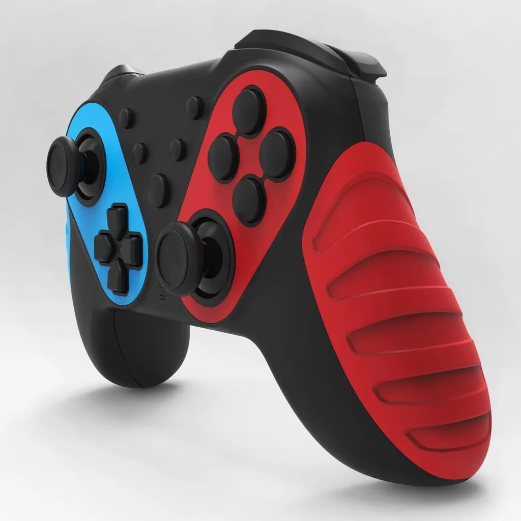 Red and blue wireless Bluetooth game controller for Nintendo Switch and PC on a stand.
