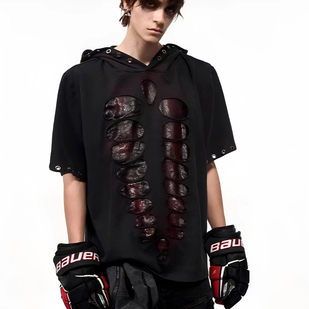 Black men's hooded short-sleeved t-shirt with sequin detailing and loose-fit design