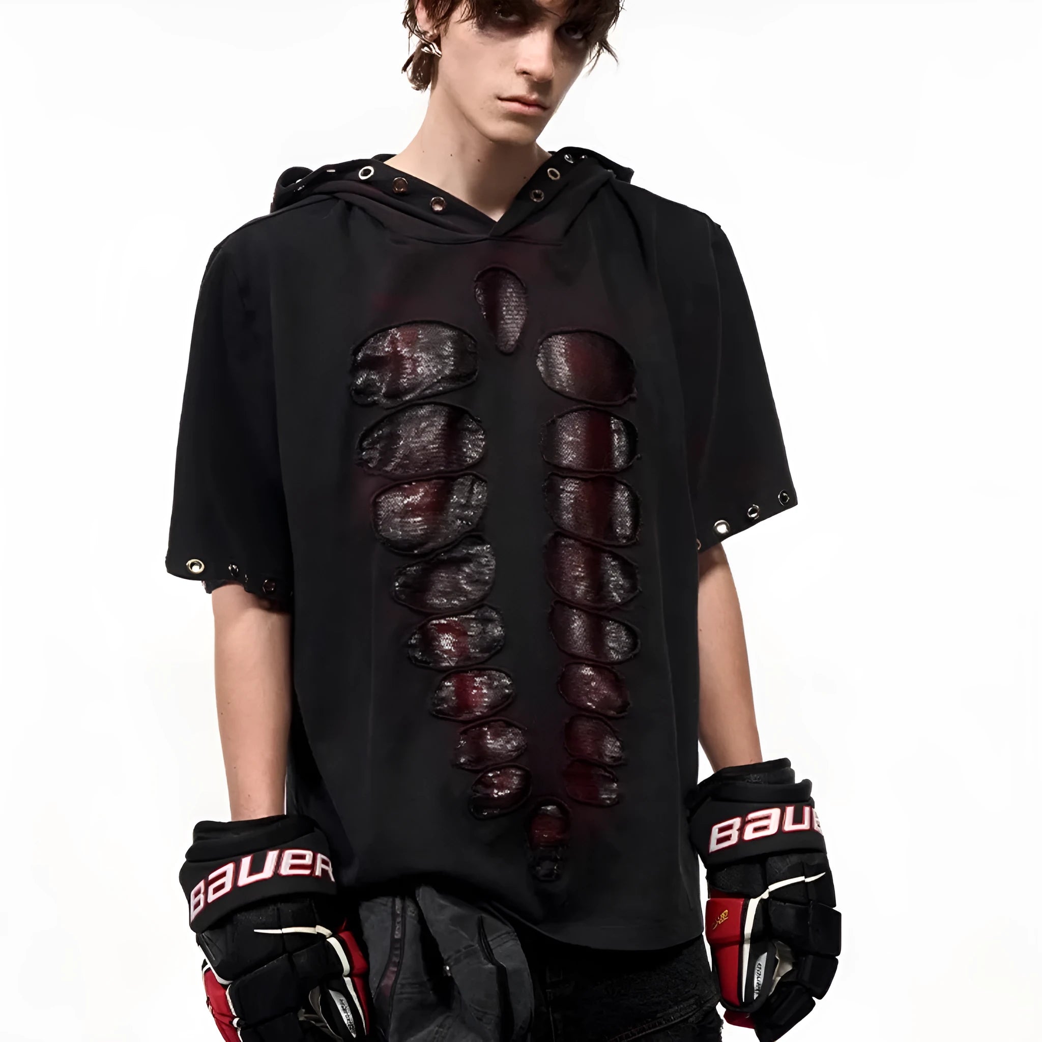 Black men's hooded short-sleeved t-shirt with sequin detailing and loose-fit design