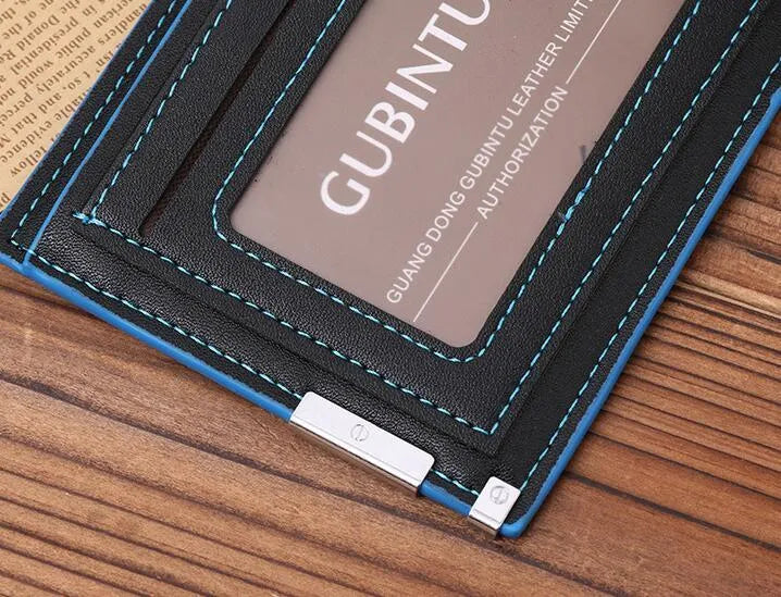 Man wallet PU leather black with blue edge bifold 3 card slots 12cm long 10cm wide