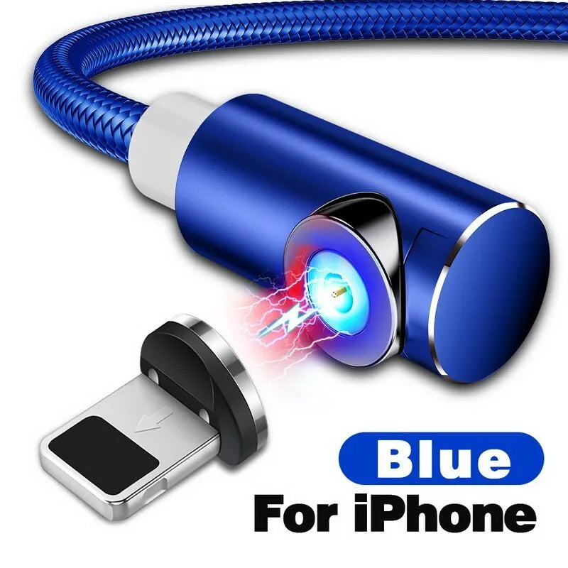L-shape magnetic charging cable with aluminium housing in black, red, gold, or silver, showing Micro USB, Lightning and Type-C plug heads.