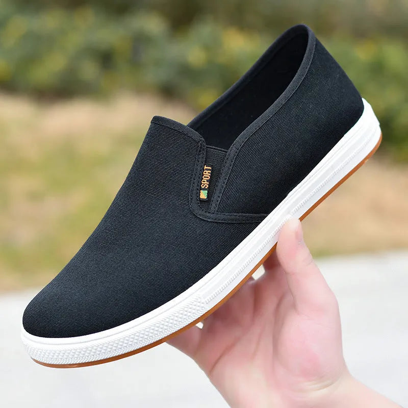Men's low-top canvas slip-on shoes in black and blue colours showing round toe and composite sole