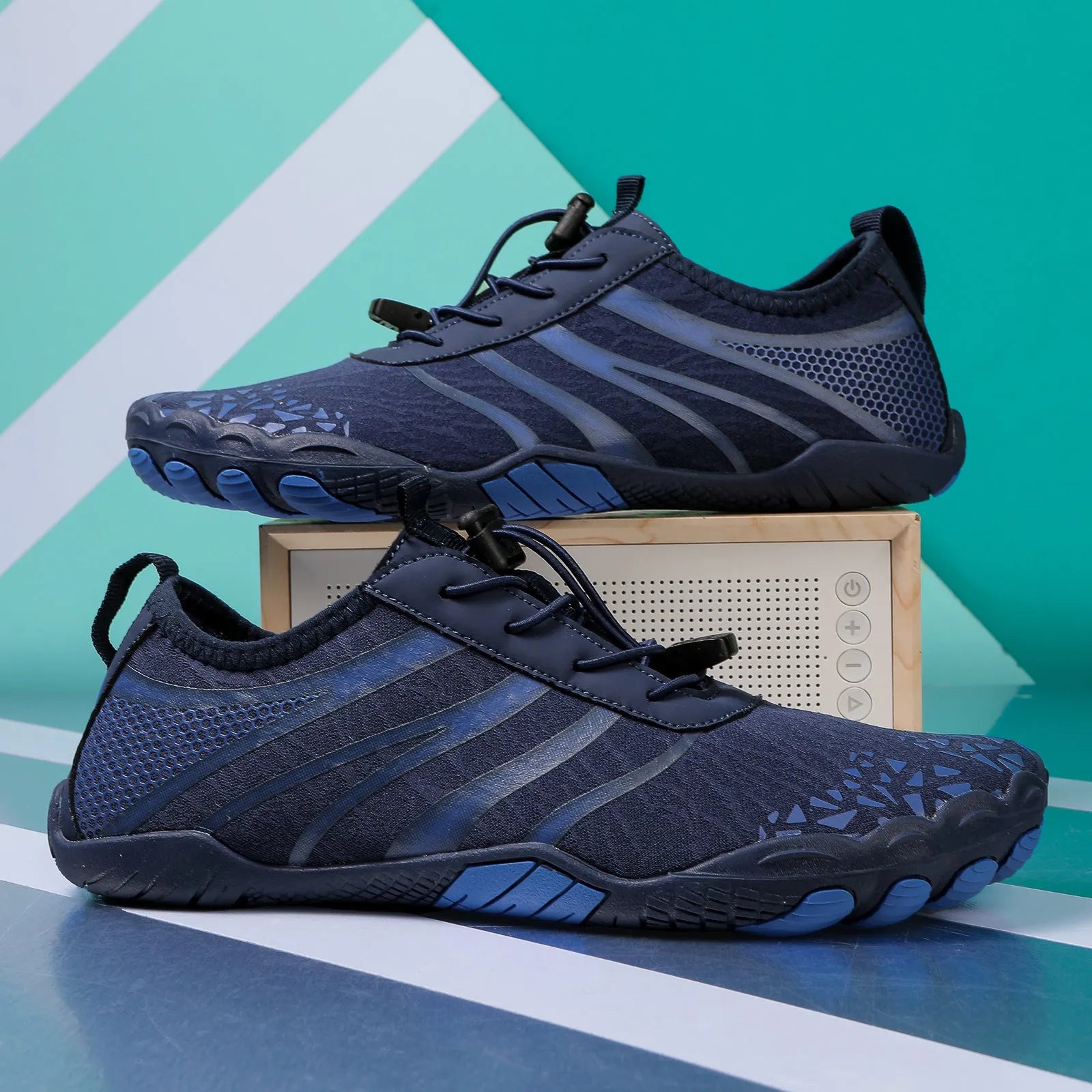 Casual unisex beach running shoes in Lycra stretch fabric, shown in beige, black, blue, grey, and white powder colour options.