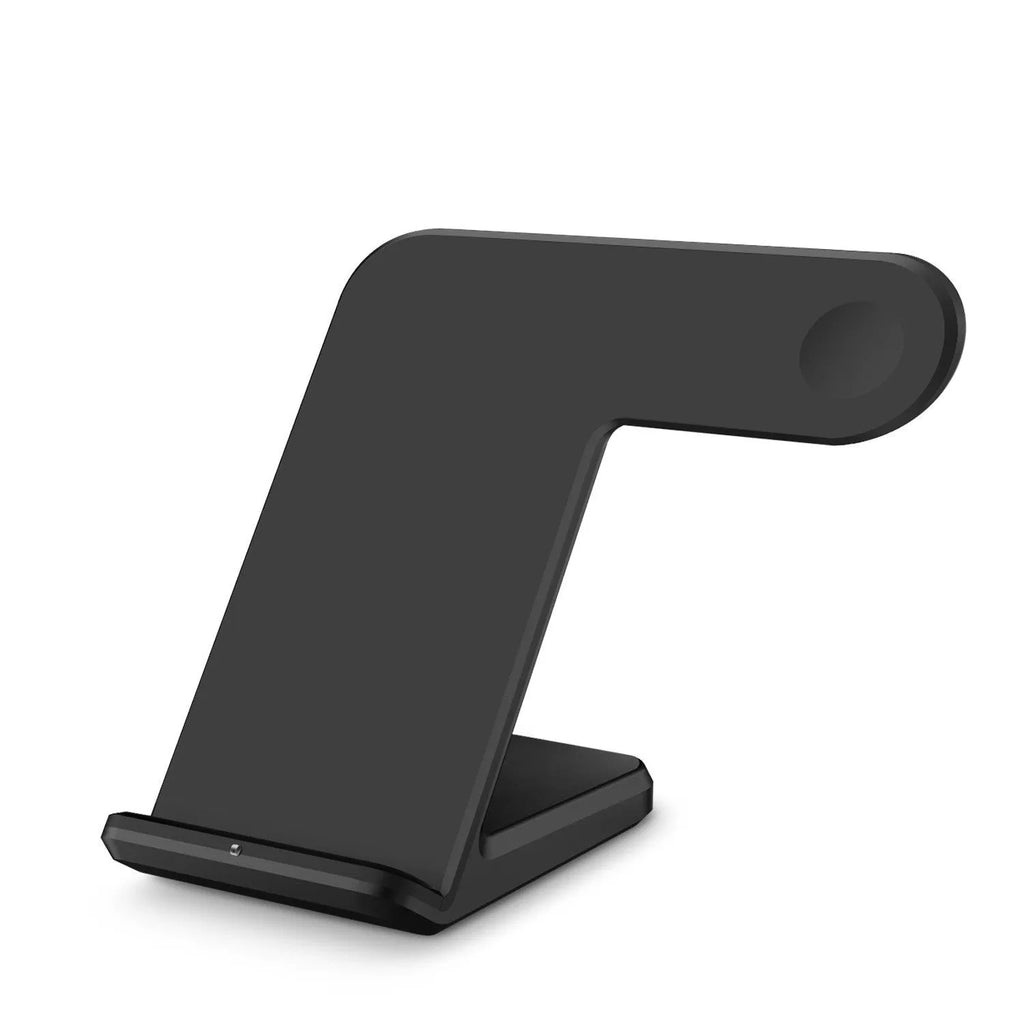 Black Qi wireless charging pad with phone on top and USB-C cable.