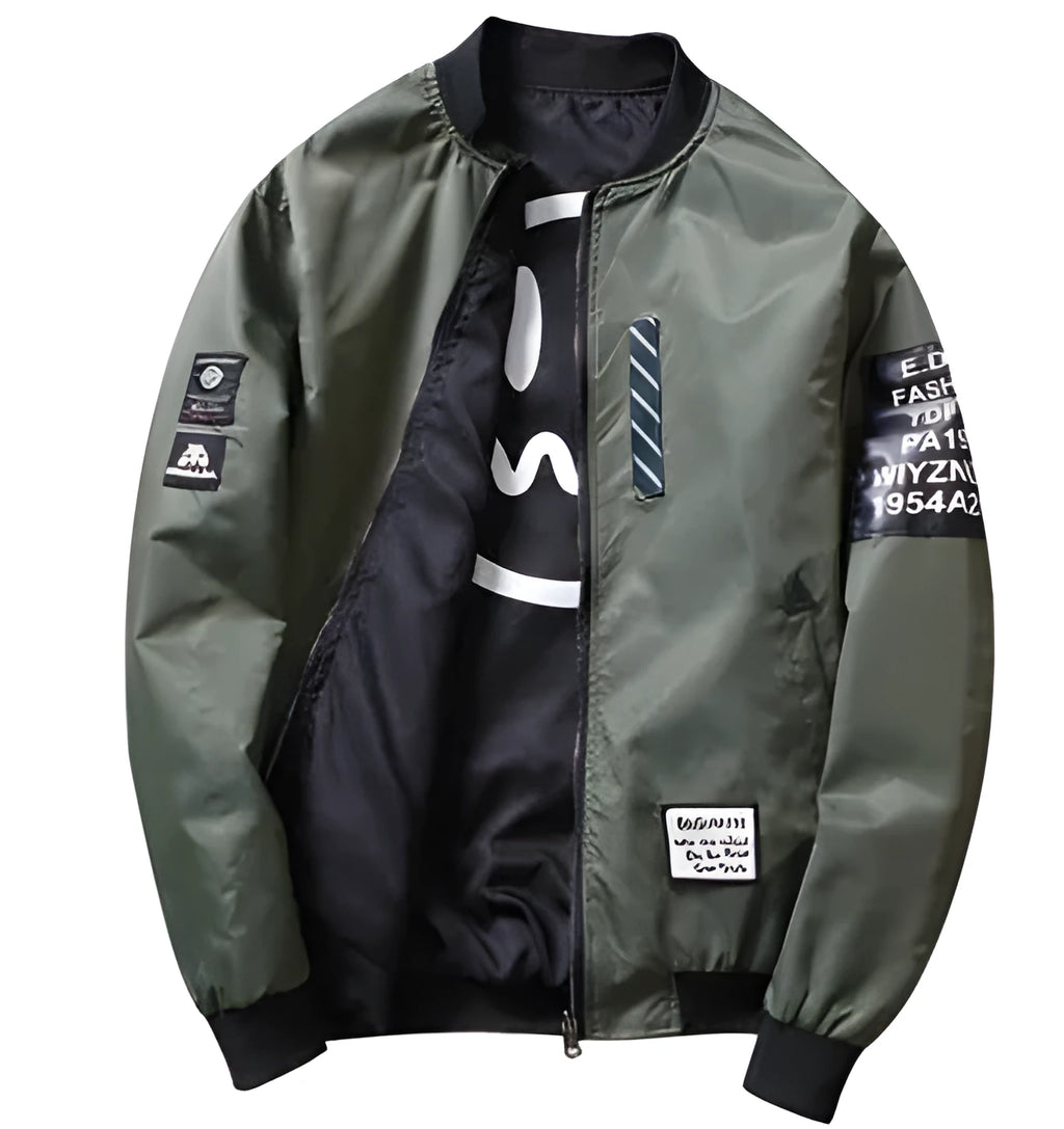 Men's reversible flight jacket in striped pattern with zipper closure and no collar design
