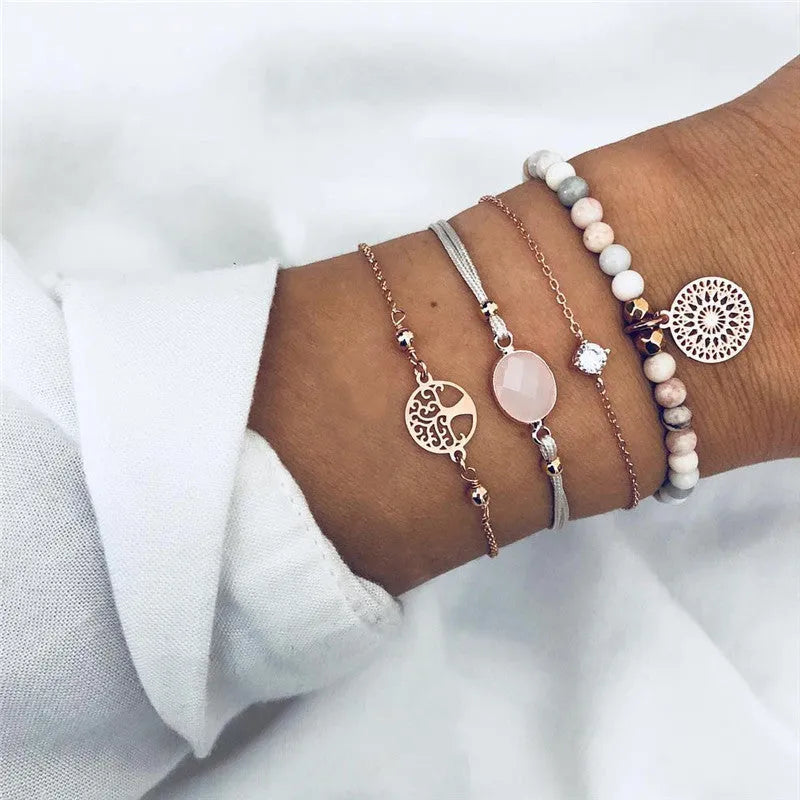 Bohemian bracelet set with alloy vintage bead and boho charm design in bow love style for women