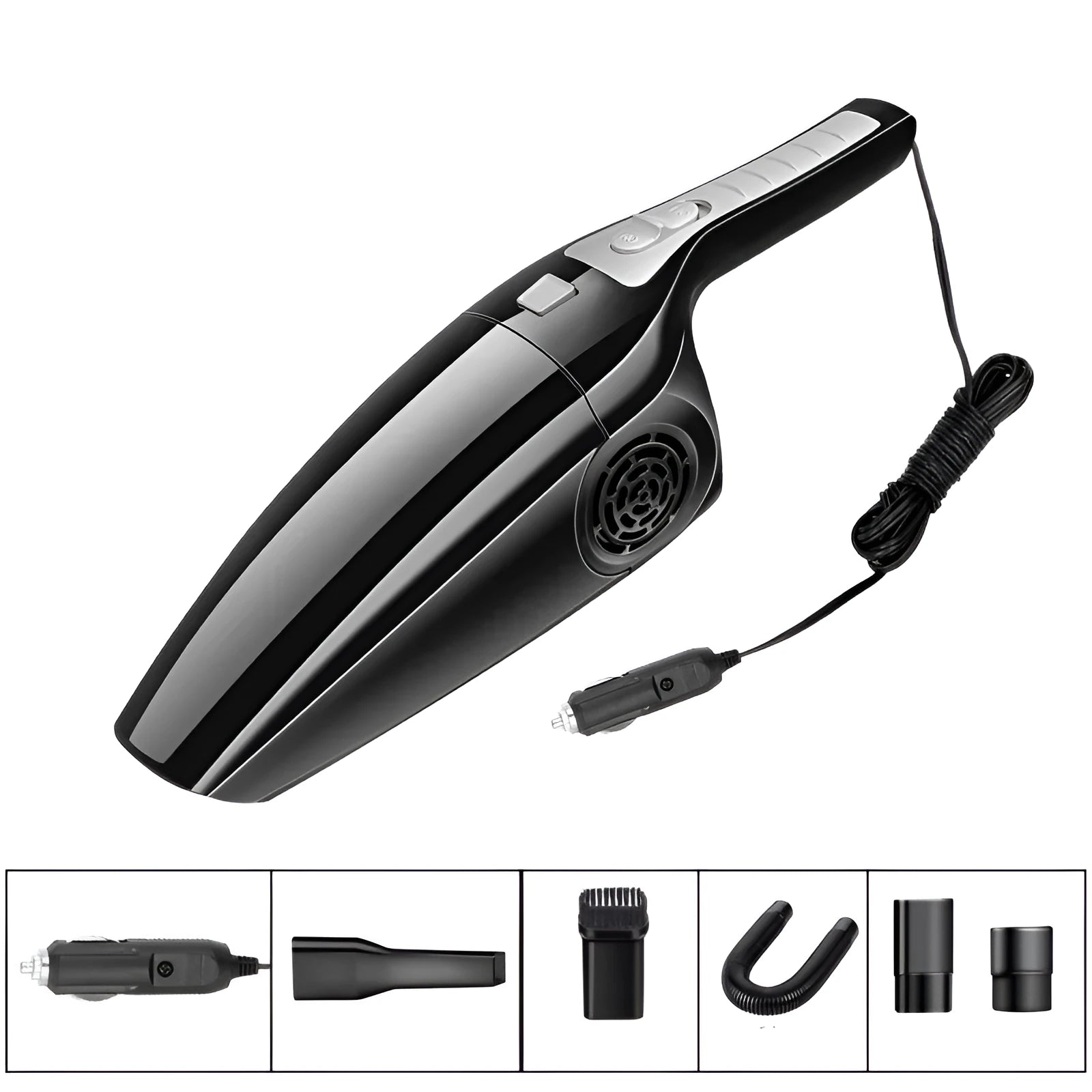 Black and orange car vacuum cleaner with cigarette lighter plug, 36cm length design
