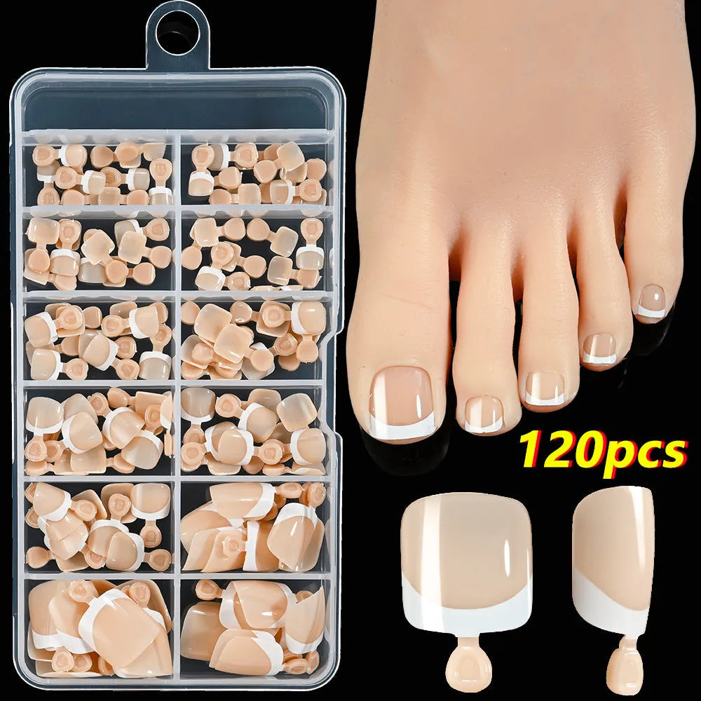 120 French white edge full square short nude nail pieces in a box, showing multiple shades.