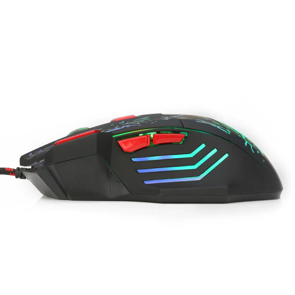 H300BK wired gaming mouse with LED lighting and luminous side panels on desk