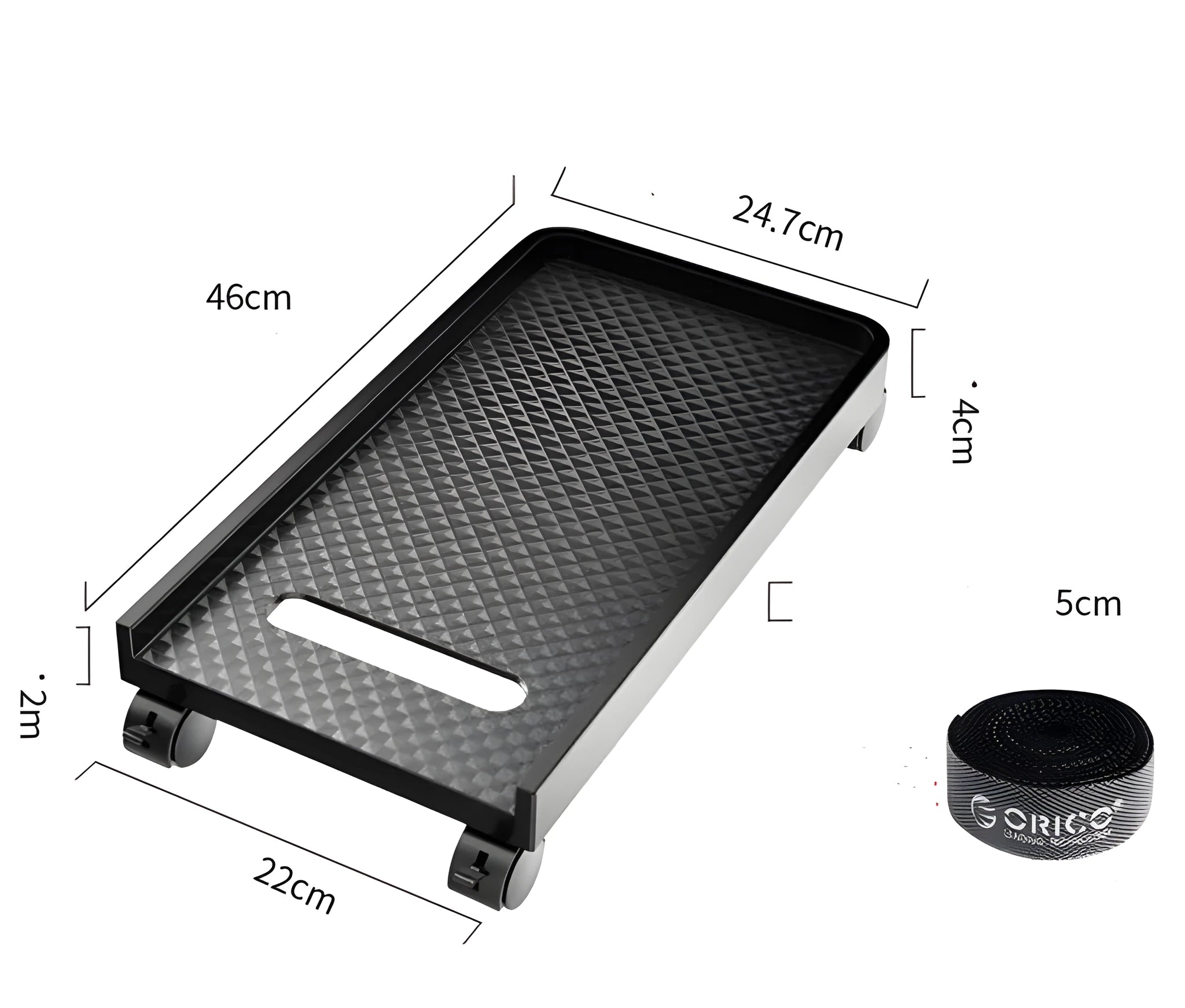 Orico black CPU floor stand with wheels holding a desktop tower vertically on a hard floor