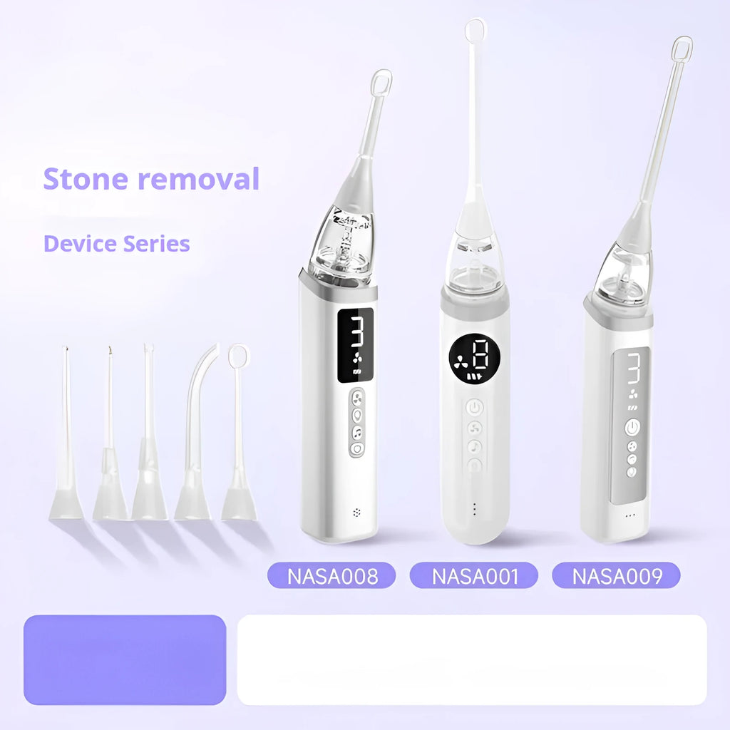 Milky white tonsil stone extractor oral cleaning tool with complete dental hygiene components