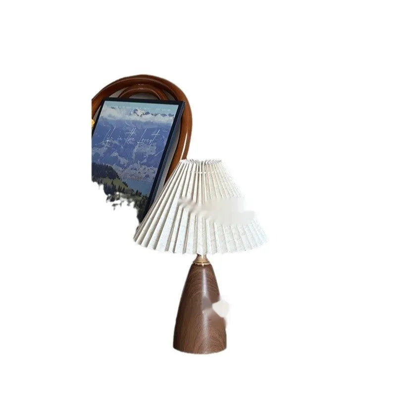 Nordic retro ceramic table lamp with pleated shade on bedside table, remote control included