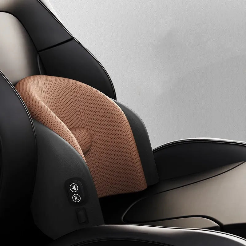 Classic black memory cotton car massage cushion shown as a headrest and lumbar support on a car seat.
