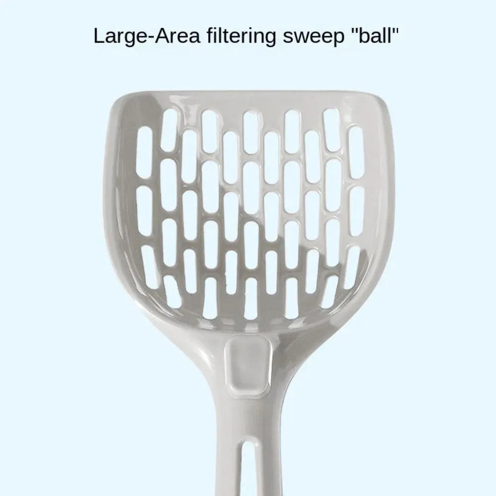 Grey plastic cat litter scoop with integrated base tray for waste containment during cleaning