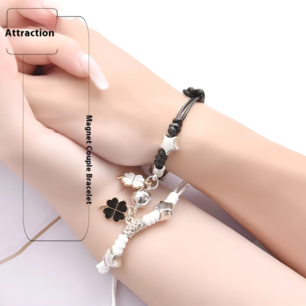 Magnetic couple suction bracelets pair with alloy electroplated finish showing various symbolic designs