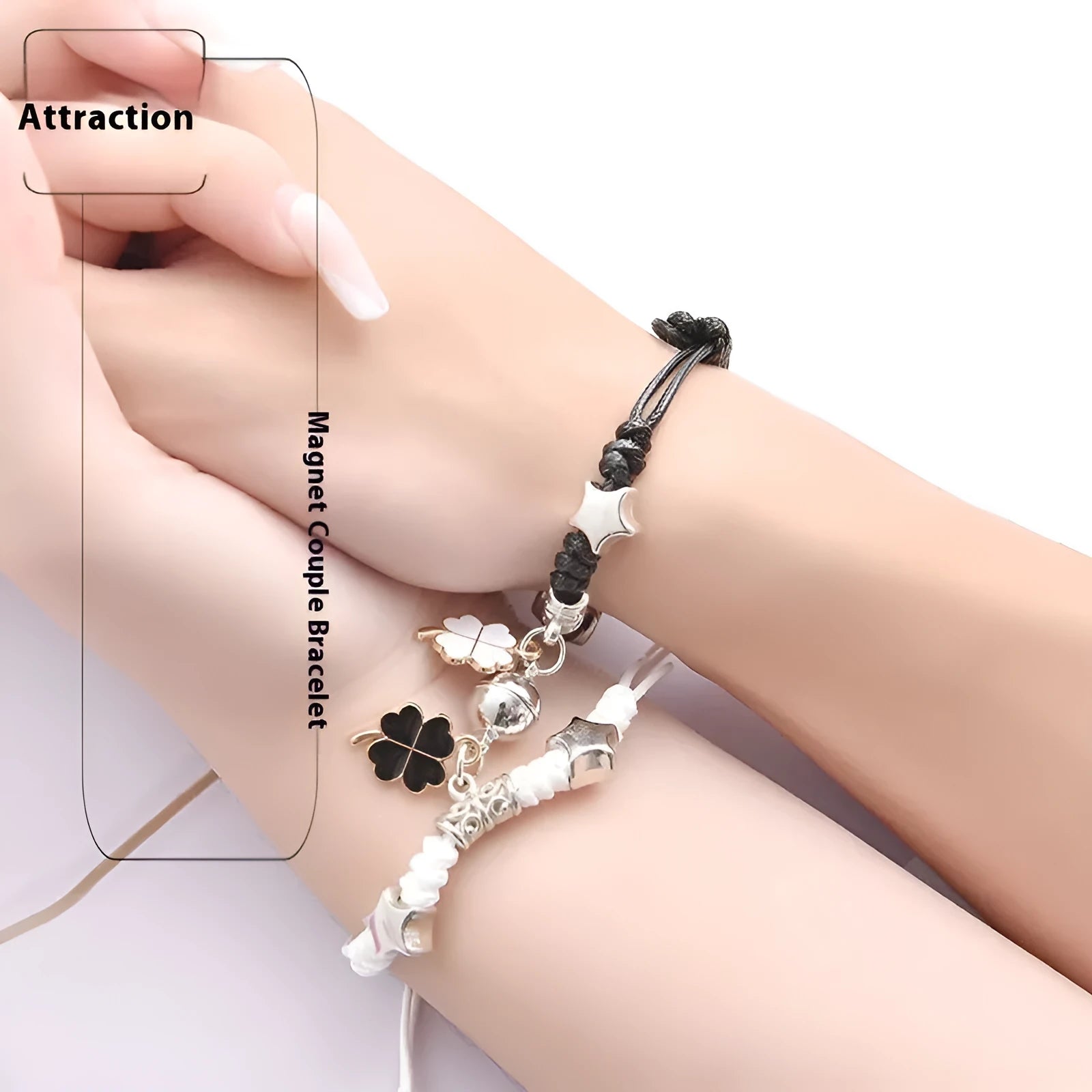 Magnetic couple suction bracelets pair with alloy electroplated finish showing various symbolic designs