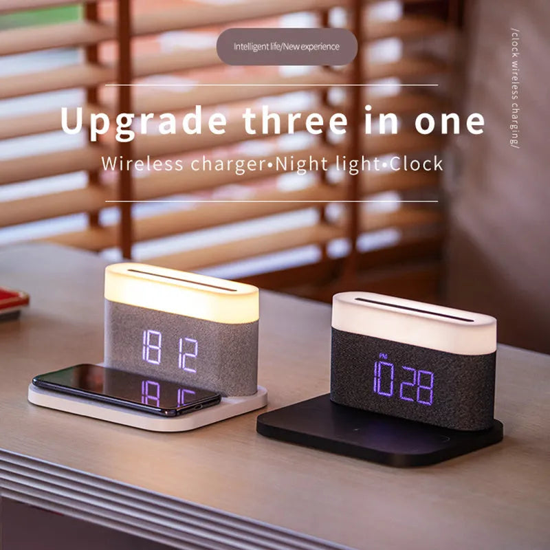 Modern minimalist wireless charging desktop clock with night light and table lamp functions