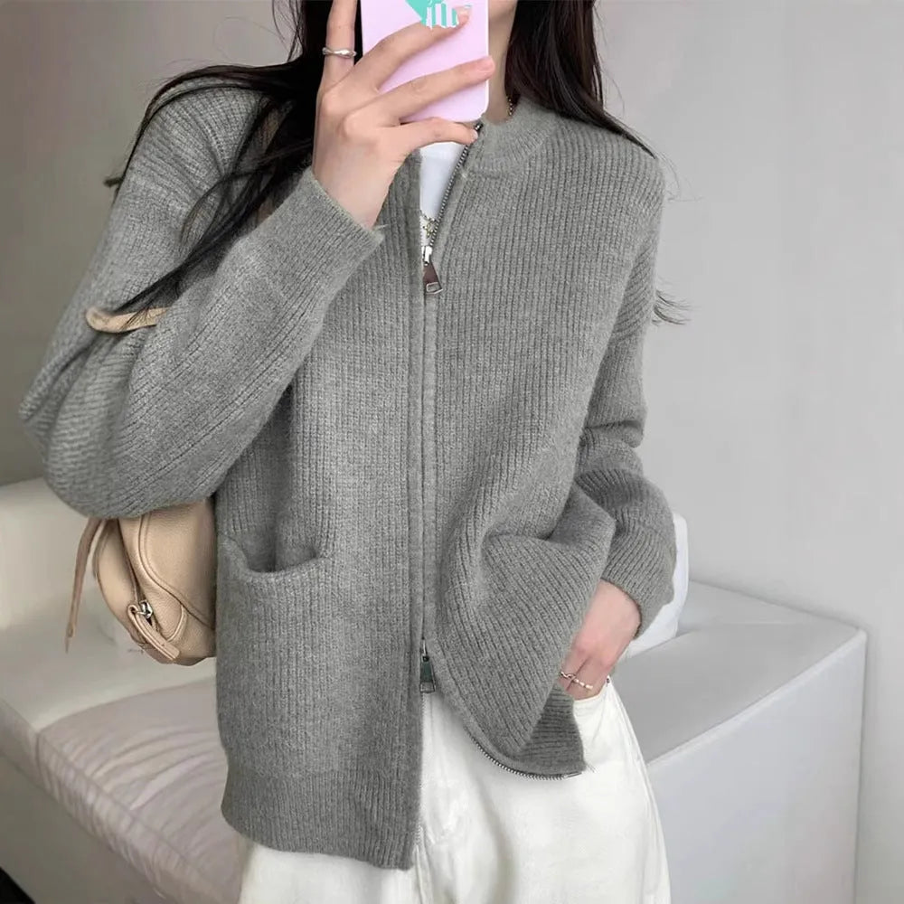Soft viscose long sleeve cardigan coat in beige, grey, black, or khaki.