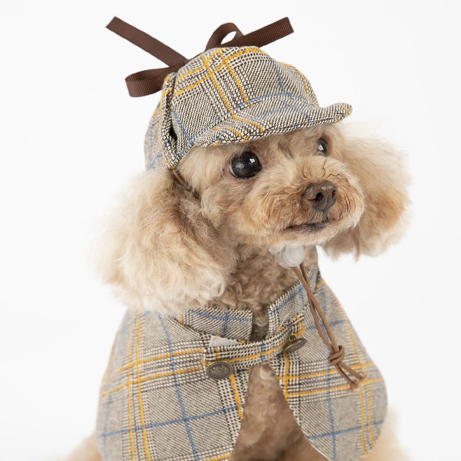 Camel coloured detective suit style cotton cloak for a dog or cat, showing the adjustable hat.