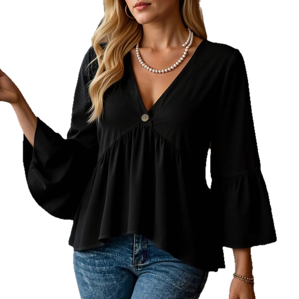 Women's solid black polyester shirt with seven-point flared three-quarter pleated sleeves