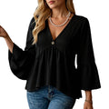 Women's solid black polyester shirt with seven-point flared three-quarter pleated sleeves