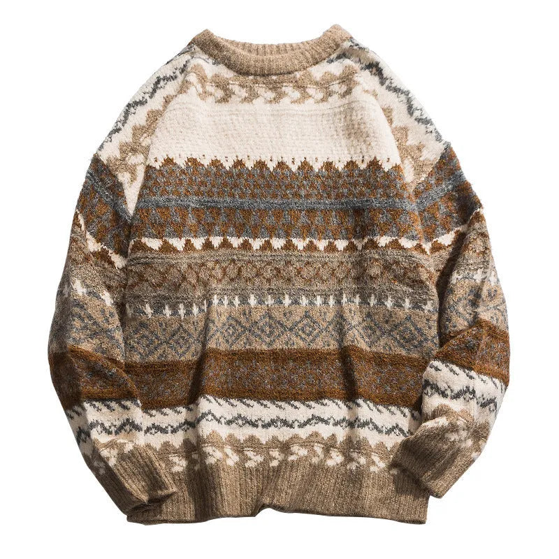 Brown polyester fibre mens pullover sweater with printed design and round neck on model