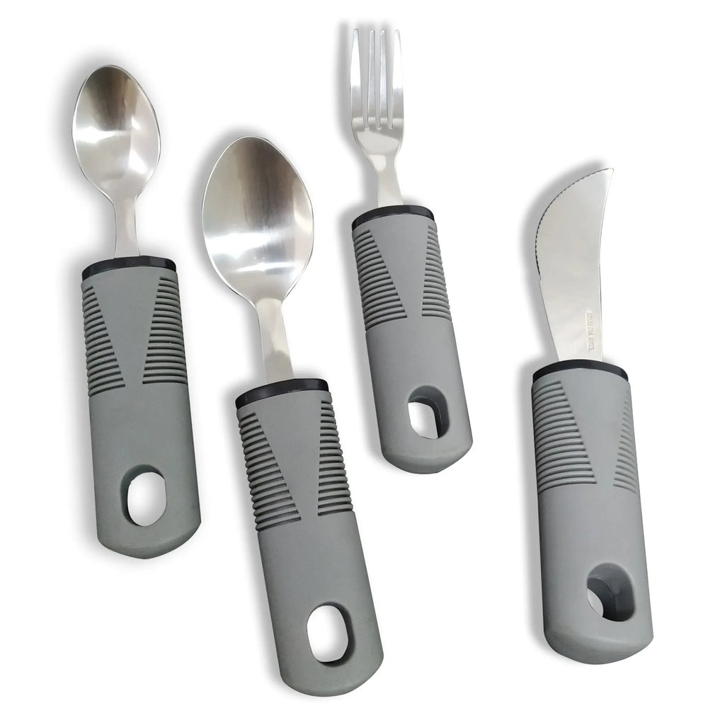 Stainless steel anti-shake cutlery set with rubber handles for adult mealtime assistance