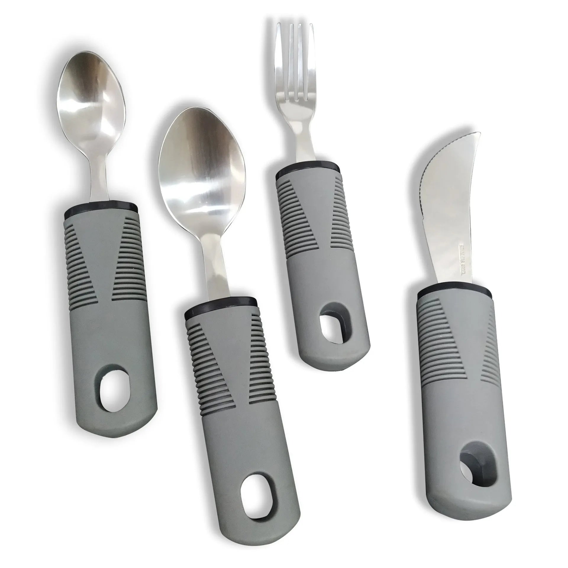 Stainless steel anti-shake cutlery set with rubber handles for adult mealtime assistance