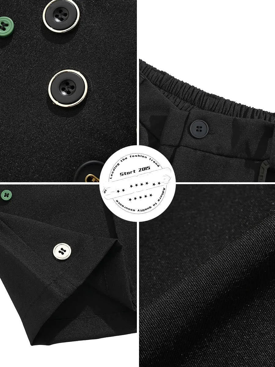 Men's black loose-fit shorts with button fly and straight-leg design above knee length